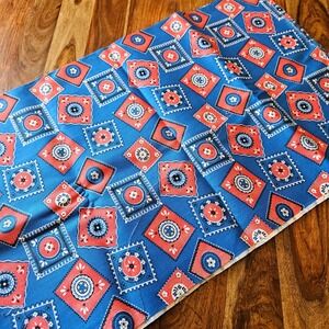 Vintage 1970s JCPenney Fabric Blue Red Geometric Stamp Floral Print 4 Yards